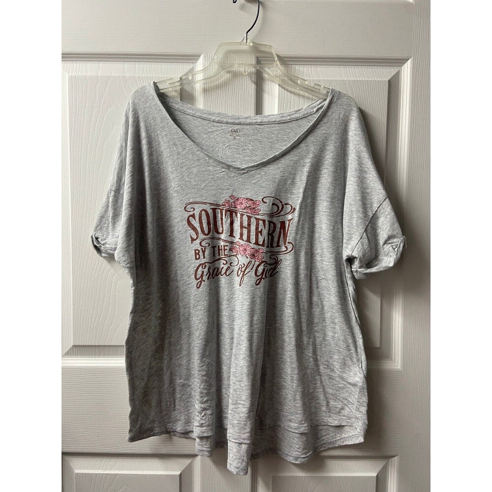 Cato T-Shirt Womens XL Gray Southern By The Grace of God V Neck Cuffed sleeve